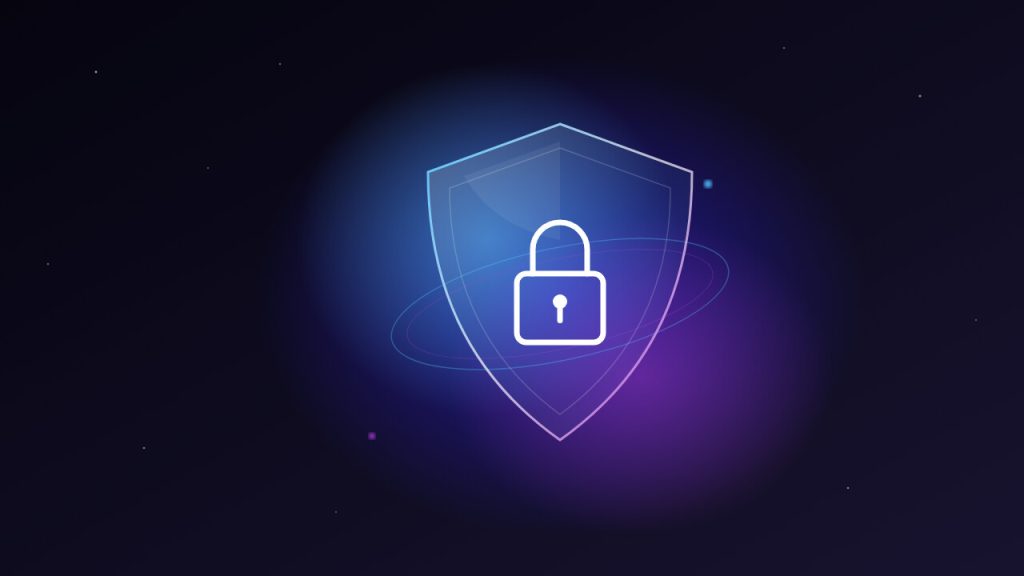 Abstract illustration of a glowing glass shield with a padlock, representing secure access for new employees